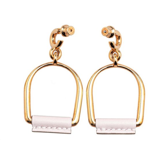 HERMES Heritage Equestre Etrier PM Earrings Gold Pink Plated Swift - Picture 2 of 5